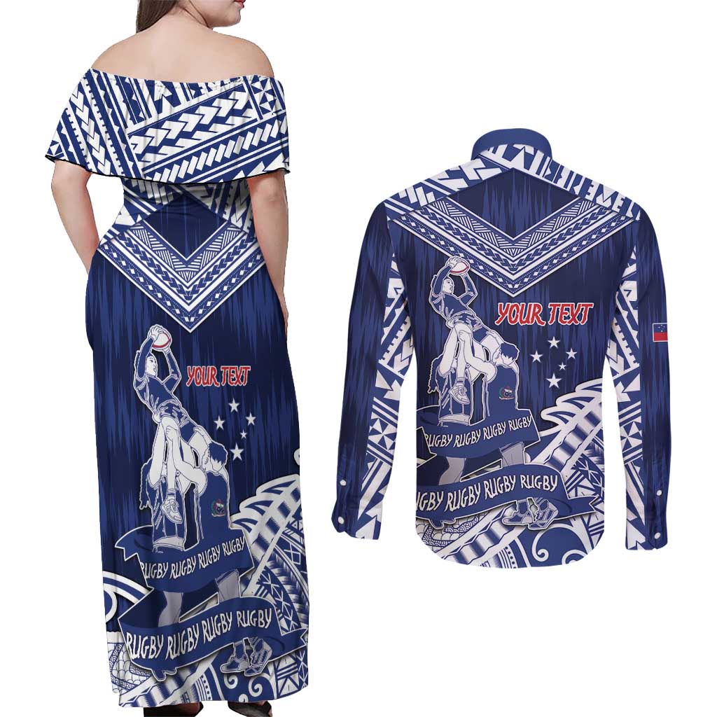 Personalised Samoa Rugby Couples Matching Off Shoulder Maxi Dress and Long Sleeve Button Shirt Pacific Warrior Glory DT05 - Polynesian Pride