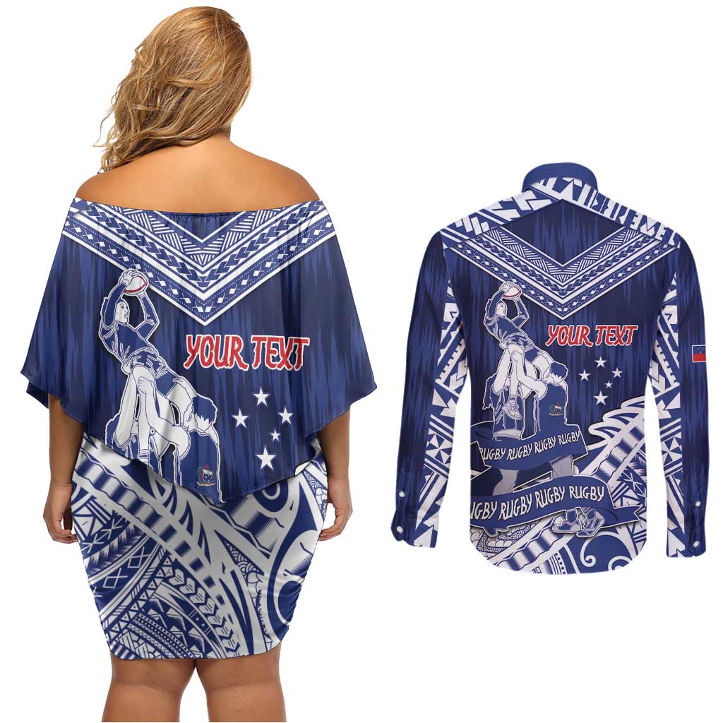 Personalised Samoa Rugby Couples Matching Off Shoulder Short Dress and Long Sleeve Button Shirt Pacific Warrior Glory DT05 - Polynesian Pride