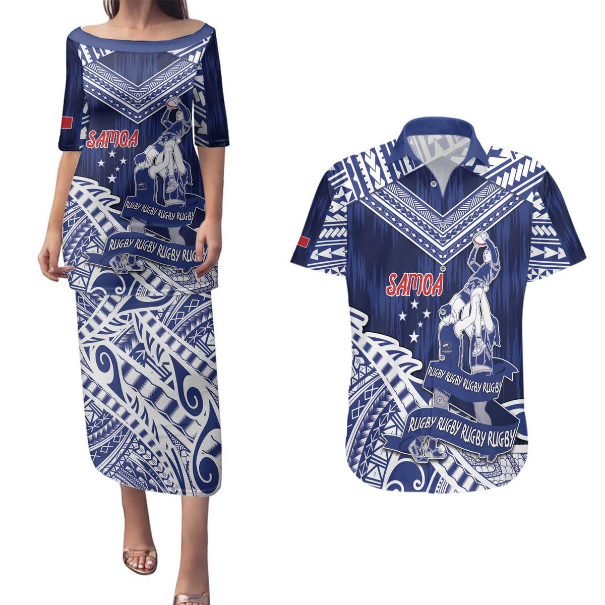Personalised Samoa Rugby Couples Matching Puletasi and Hawaiian Shirt Pacific Warrior Glory DT05 Navy - Polynesian Pride