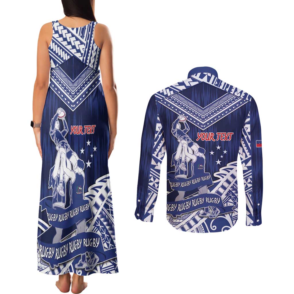 Personalised Samoa Rugby Couples Matching Tank Maxi Dress and Long Sleeve Button Shirt Pacific Warrior Glory DT05 - Polynesian Pride