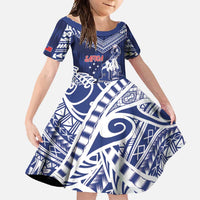 Personalised Samoa Rugby Family Matching Long Sleeve Bodycon Dress and Hawaiian Shirt Pacific Warrior Glory DT05 Daughter's Dress Navy - Polynesian Pride