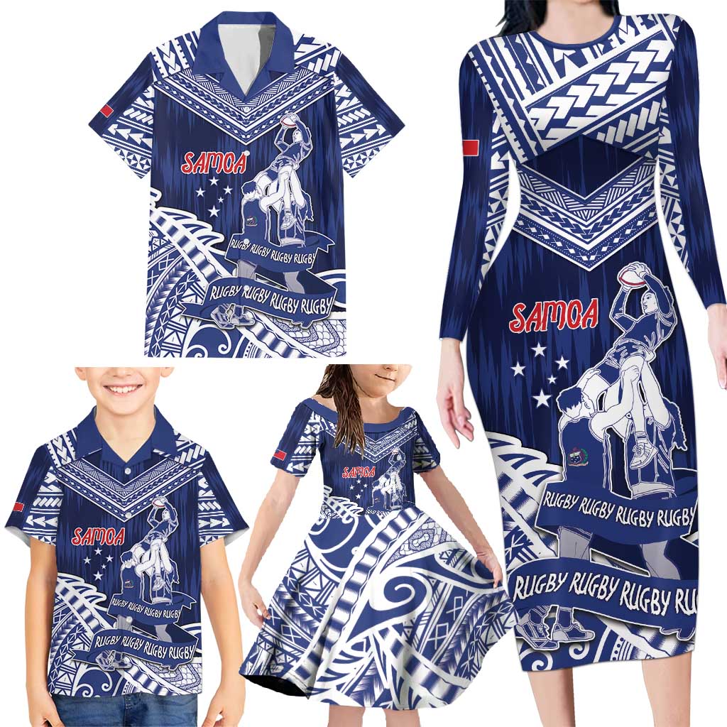 Personalised Samoa Rugby Family Matching Long Sleeve Bodycon Dress and Hawaiian Shirt Pacific Warrior Glory DT05 - Polynesian Pride