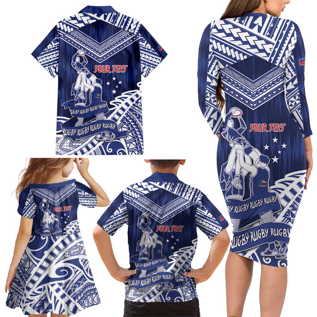 Personalised Samoa Rugby Family Matching Long Sleeve Bodycon Dress and Hawaiian Shirt Pacific Warrior Glory DT05 - Polynesian Pride