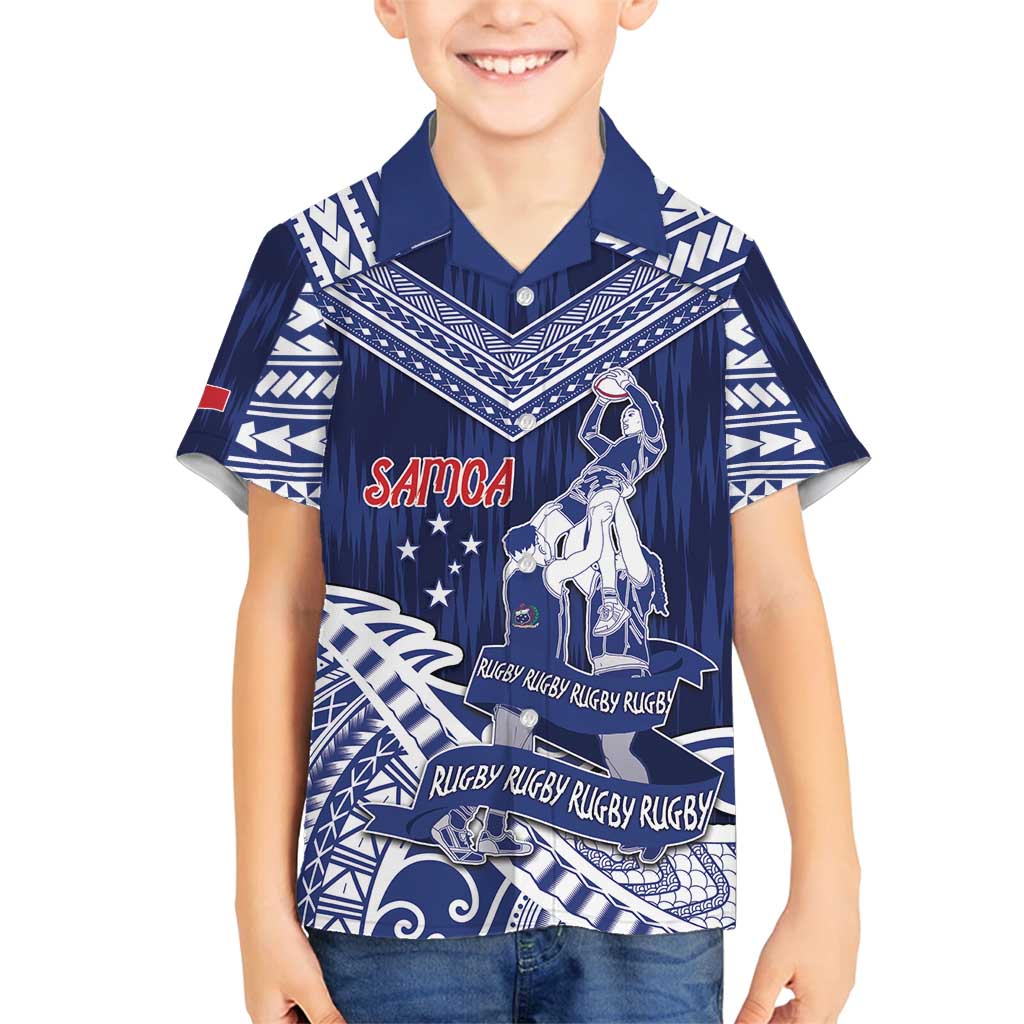 Personalised Samoa Rugby Family Matching Long Sleeve Bodycon Dress and Hawaiian Shirt Pacific Warrior Glory DT05 Son's Shirt Navy - Polynesian Pride