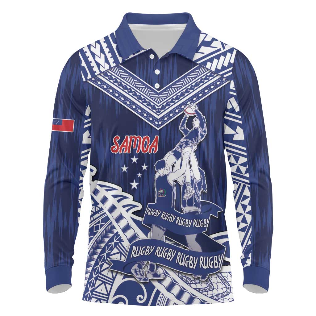Personalised Samoa Rugby Long Sleeve Polo Shirt Pacific Warrior Glory DT05 Navy - Polynesian Pride