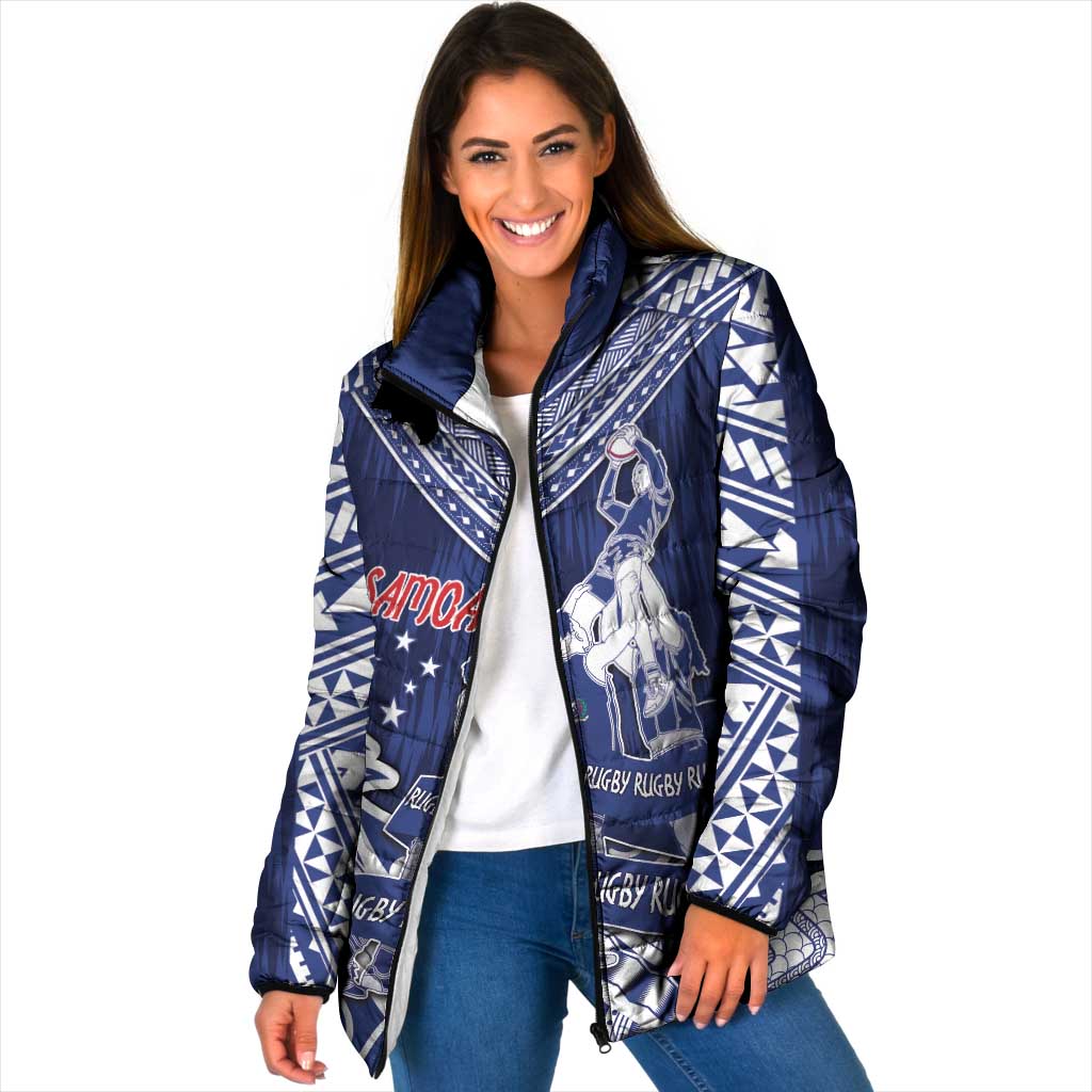 Personalised Samoa Rugby Padded Jacket Pacific Warrior Glory DT05 Women Navy - Polynesian Pride