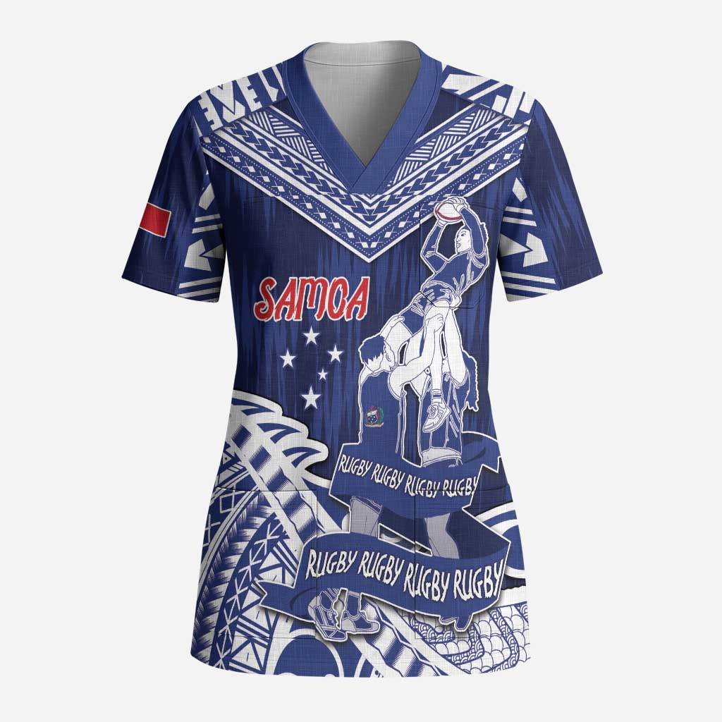 Personalised Samoa Rugby Scrub Top Pacific Warrior Glory DT05 Adult Navy - Polynesian Pride
