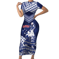 Personalised Samoa Rugby Short Sleeve Bodycon Dress Pacific Warrior Glory DT05 Long Dress Navy - Polynesian Pride