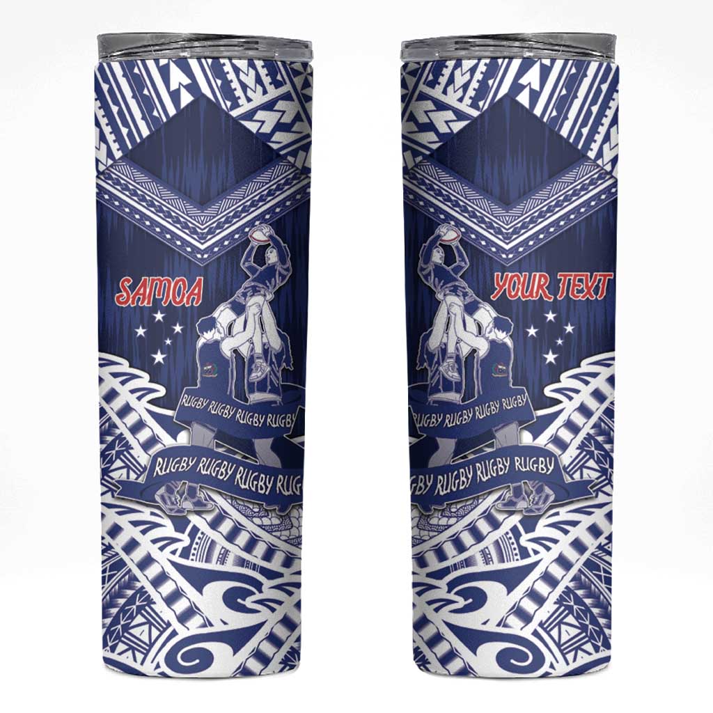 Personalised Samoa Rugby Skinny Tumbler Pacific Warrior Glory DT05 Navy - Polynesian Pride