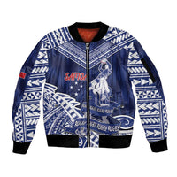 Personalised Samoa Rugby Sleeve Zip Bomber Jacket Pacific Warrior Glory DT05 Unisex Navy - Polynesian Pride