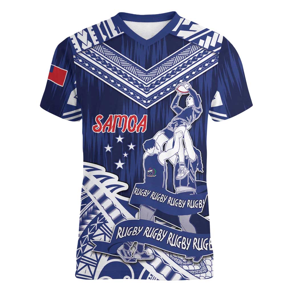 Personalised Samoa Rugby Women V-Neck T-Shirt Pacific Warrior Glory DT05 Female Navy - Polynesian Pride