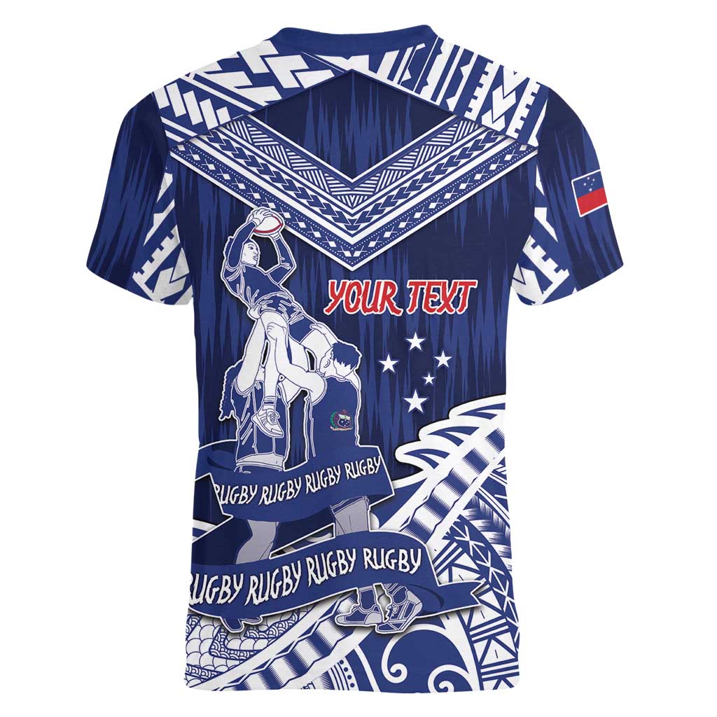 Personalised Samoa Rugby Women V-Neck T-Shirt Pacific Warrior Glory DT05 - Polynesian Pride