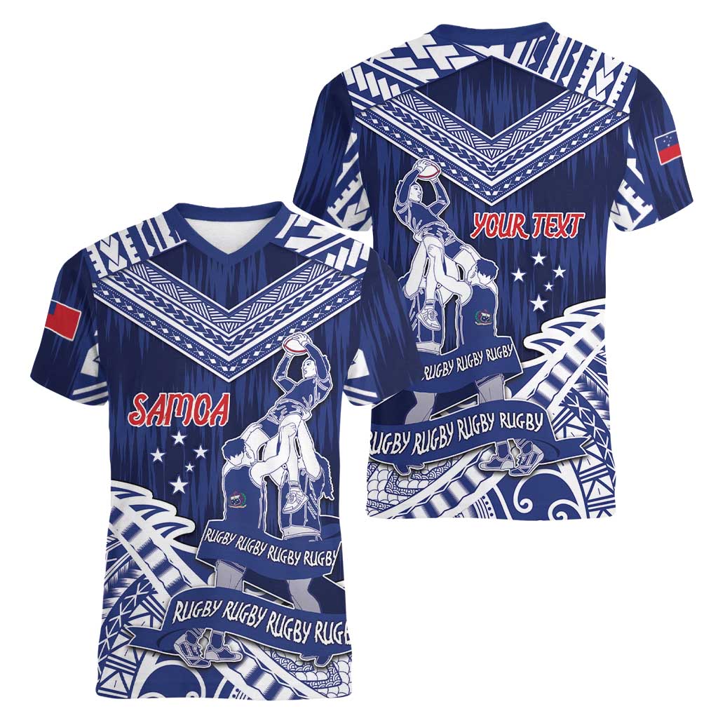 Personalised Samoa Rugby Women V-Neck T-Shirt Pacific Warrior Glory DT05 - Polynesian Pride