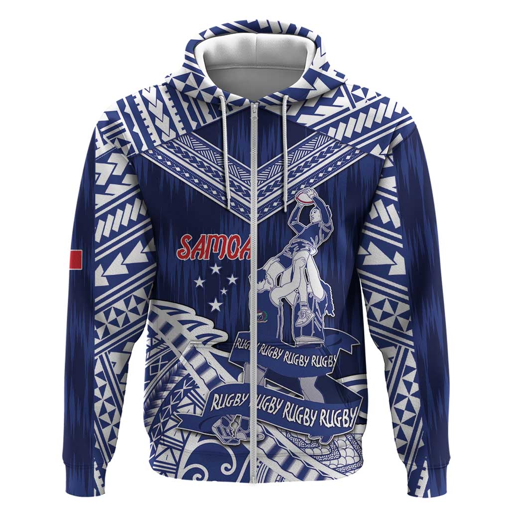 Personalised Samoa Rugby Zip Hoodie Pacific Warrior Glory DT05 Zip Hoodie Navy - Polynesian Pride