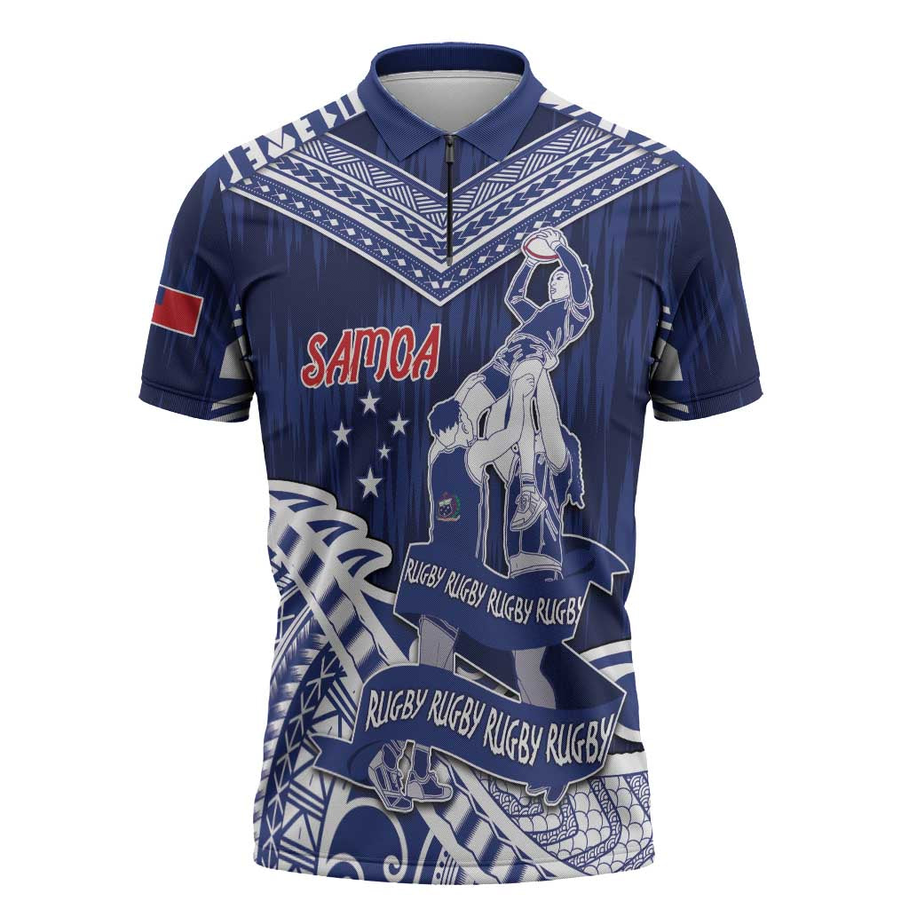 Personalised Samoa Rugby Zipper Polo Shirt Pacific Warrior Glory DT05 Navy - Polynesian Pride