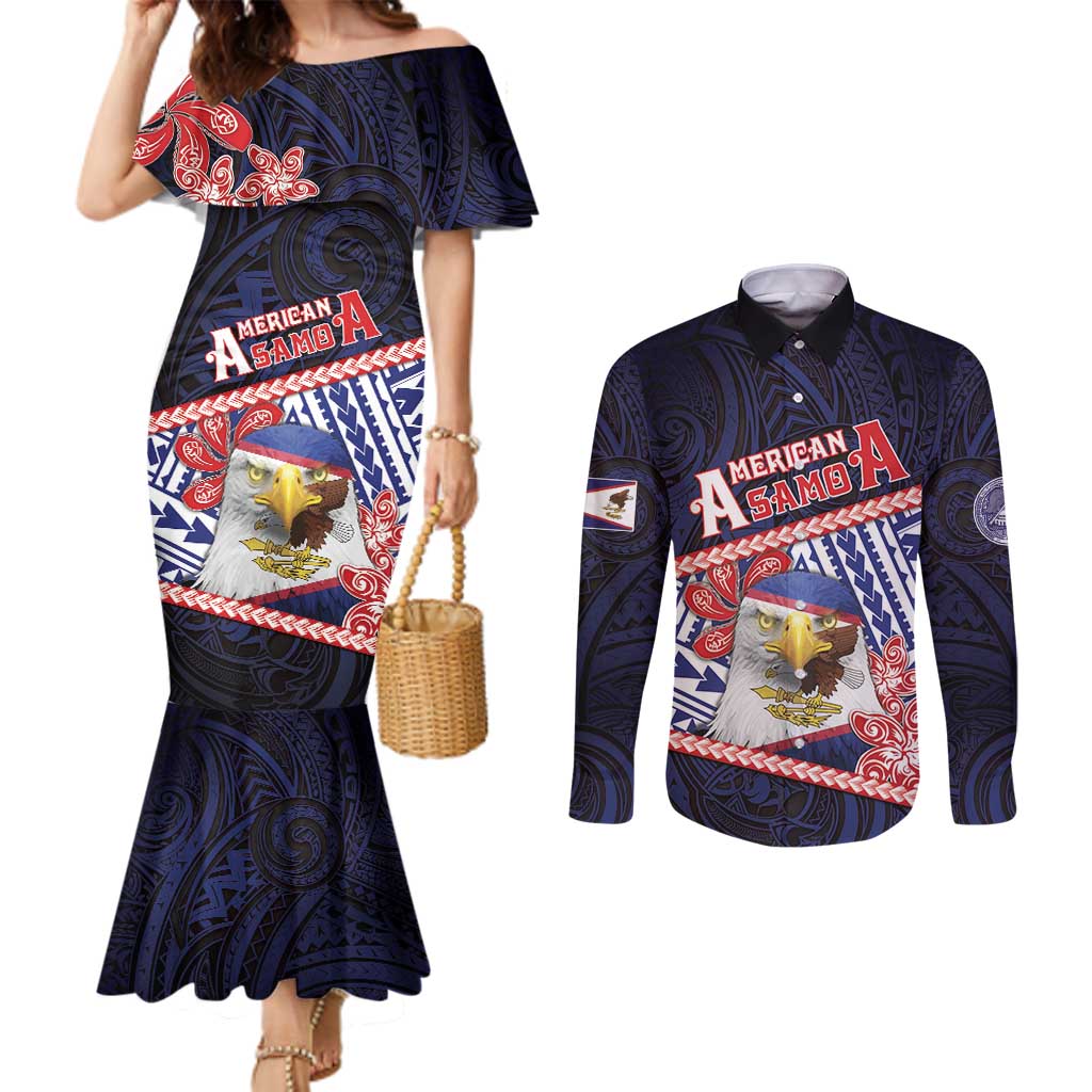 Personalized American Samoa Couples Matching Mermaid Dress and Long Sleeve Button Shirt Bald Eagle With Polynesian Pattern - Polynesian Pride