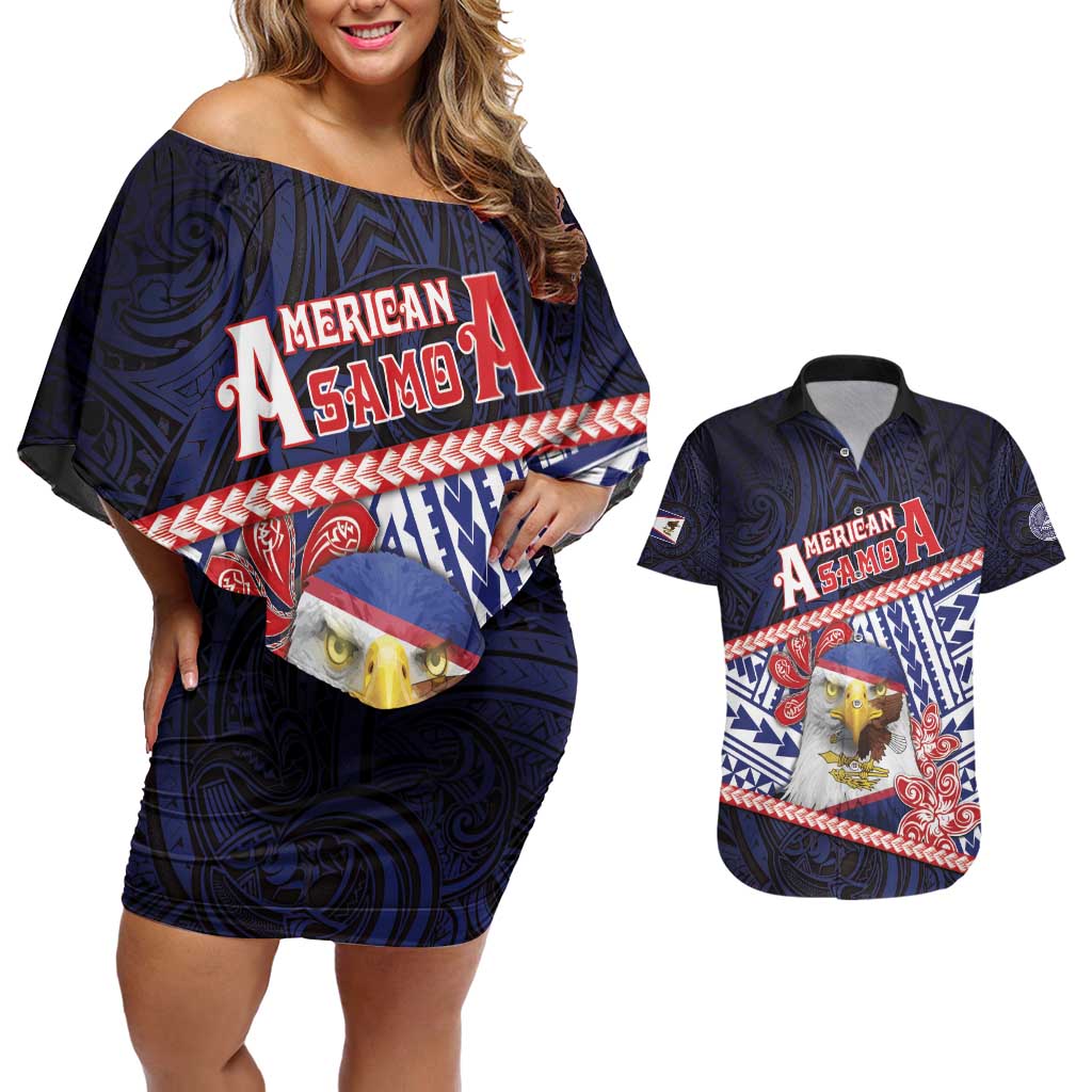 Personalized American Samoa Couples Matching Off Shoulder Short Dress and Hawaiian Shirt Bald Eagle With Polynesian Pattern - Polynesian Pride