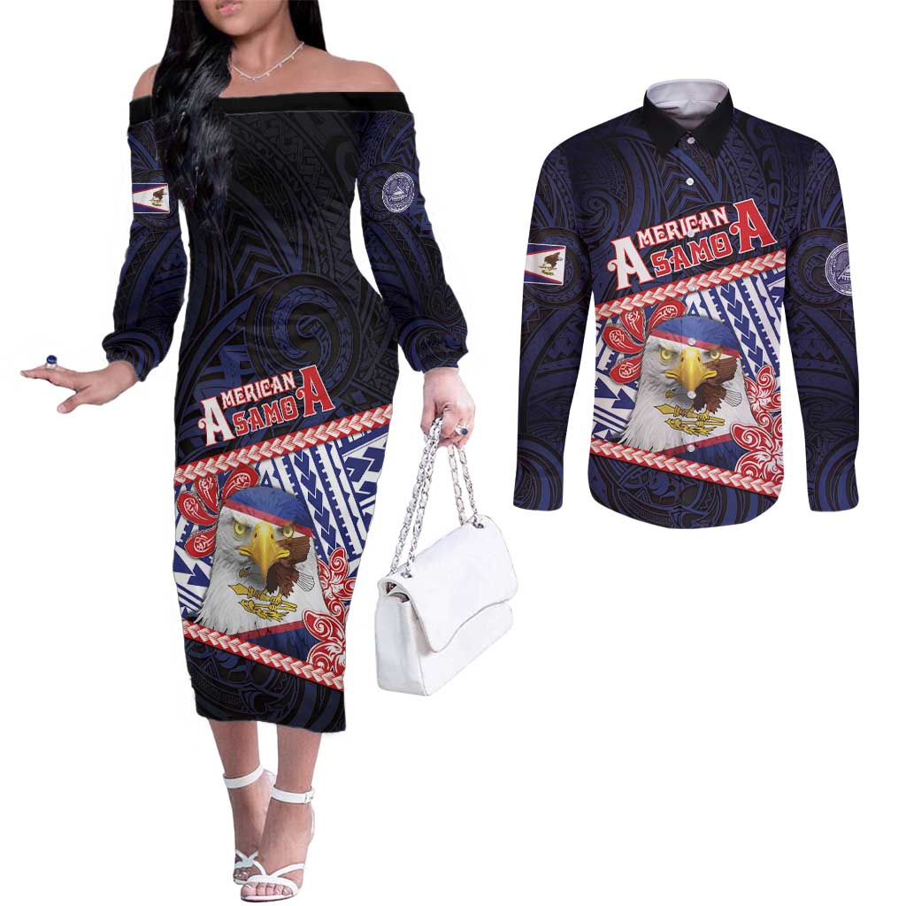 Personalized American Samoa Couples Matching Off The Shoulder Long Sleeve Dress and Long Sleeve Button Shirt Bald Eagle With Polynesian Pattern - Polynesian Pride
