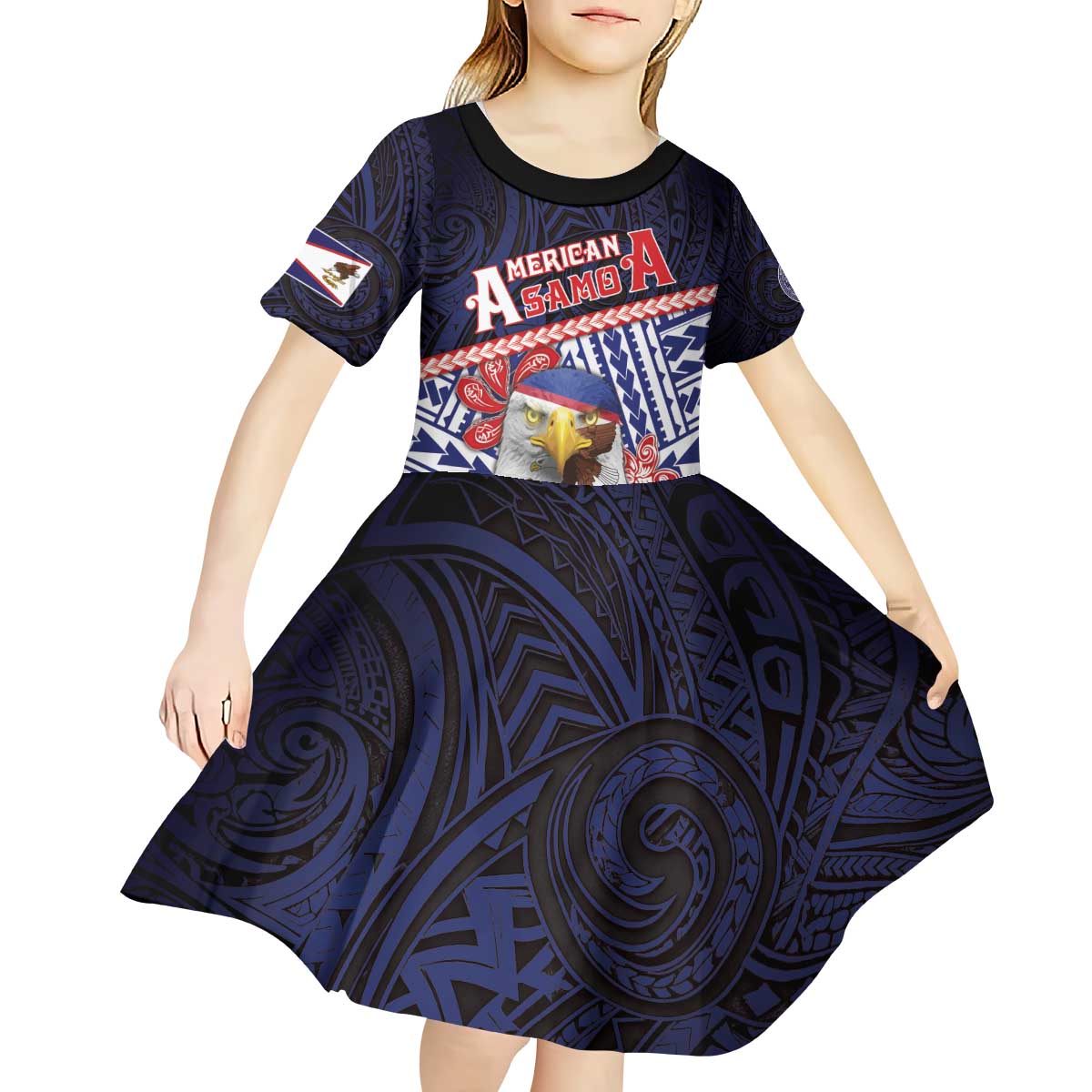 Personalized American Samoa Kid Short Sleeve Dress Bald Eagle With Polynesian Pattern DT05 - Polynesian Pride