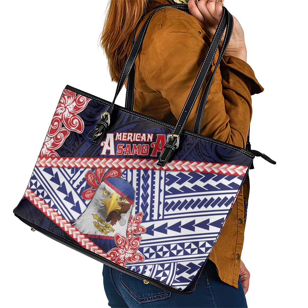 American Samoa Leather Tote Bag Bald Eagle With Polynesian Pattern - Polynesian Pride