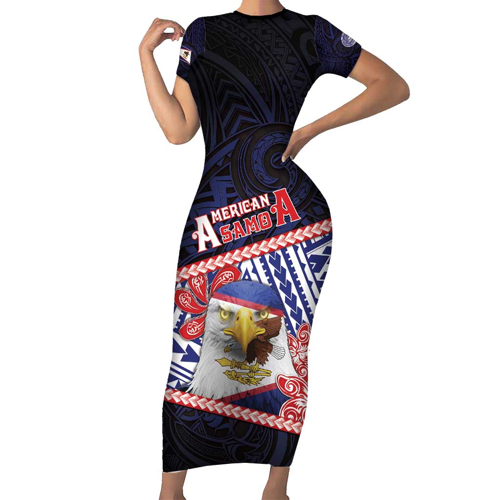 Personalized American Samoa Short Sleeve Bodycon Dress Bald Eagle With Polynesian Pattern - Polynesian Pride