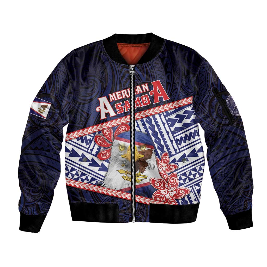 Personalized American Samoa Sleeve Zip Bomber Jacket Bald Eagle With Polynesian Pattern DT05 Unisex Navy - Polynesian Pride