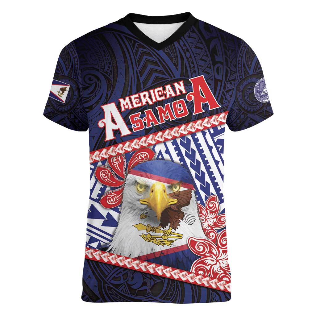 Personalized American Samoa Women V-Neck T-Shirt Bald Eagle With Polynesian Pattern - Polynesian Pride