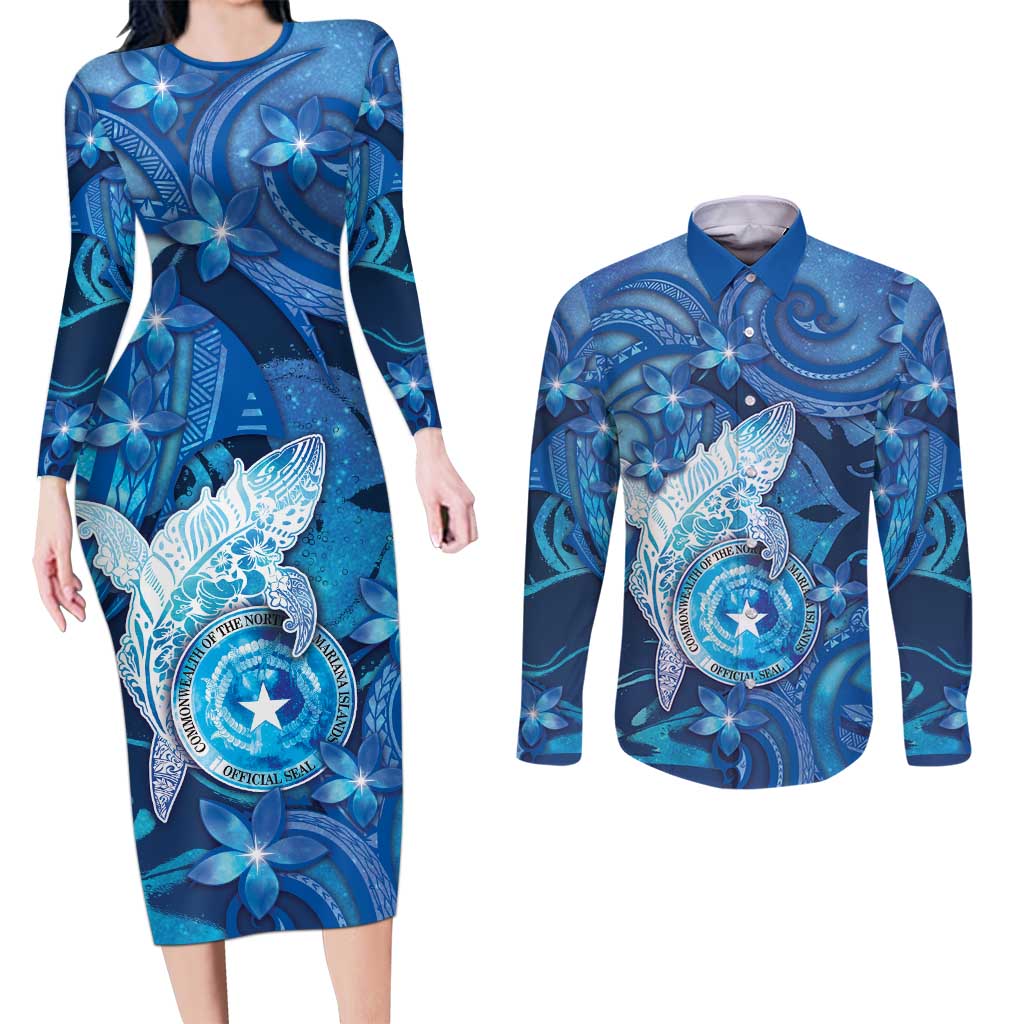 Personalised Northern Mariana Islands Couples Matching Long Sleeve Bodycon Dress and Long Sleeve Button Shirt Galaxy Polynesian Shark Tattoo DT05 Blue - Polynesian Pride
