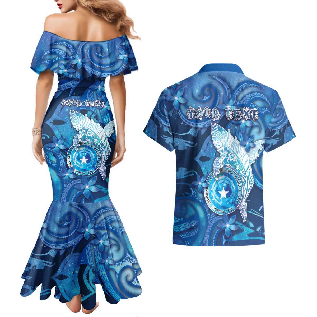Personalised Northern Mariana Islands Couples Matching Mermaid Dress and Hawaiian Shirt Galaxy Polynesian Shark Tattoo - Polynesian Pride