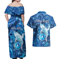 Personalised Northern Mariana Islands Couples Matching Off Shoulder Maxi Dress and Hawaiian Shirt Galaxy Polynesian Shark Tattoo - Polynesian Pride