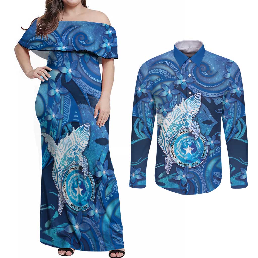 Personalised Northern Mariana Islands Couples Matching Off Shoulder Maxi Dress and Long Sleeve Button Shirt Galaxy Polynesian Shark Tattoo DT05 Blue - Polynesian Pride