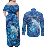 Personalised Northern Mariana Islands Couples Matching Off Shoulder Maxi Dress and Long Sleeve Button Shirt Galaxy Polynesian Shark Tattoo DT05 - Polynesian Pride