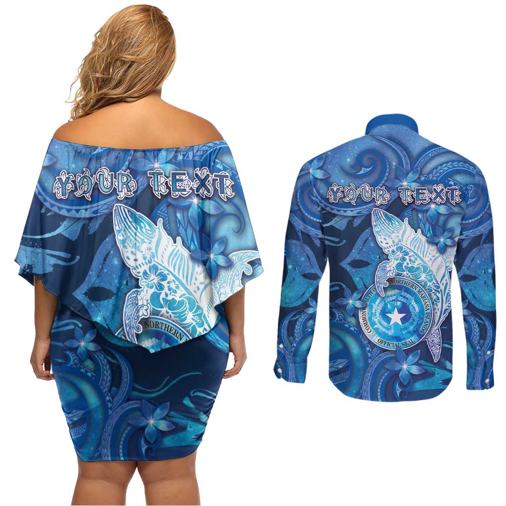 Personalised Northern Mariana Islands Couples Matching Off Shoulder Short Dress and Long Sleeve Button Shirt Galaxy Polynesian Shark Tattoo DT05 - Polynesian Pride