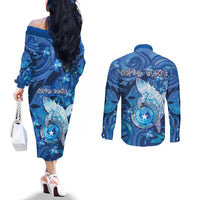 Personalised Northern Mariana Islands Couples Matching Off The Shoulder Long Sleeve Dress and Long Sleeve Button Shirt Galaxy Polynesian Shark Tattoo DT05 - Polynesian Pride