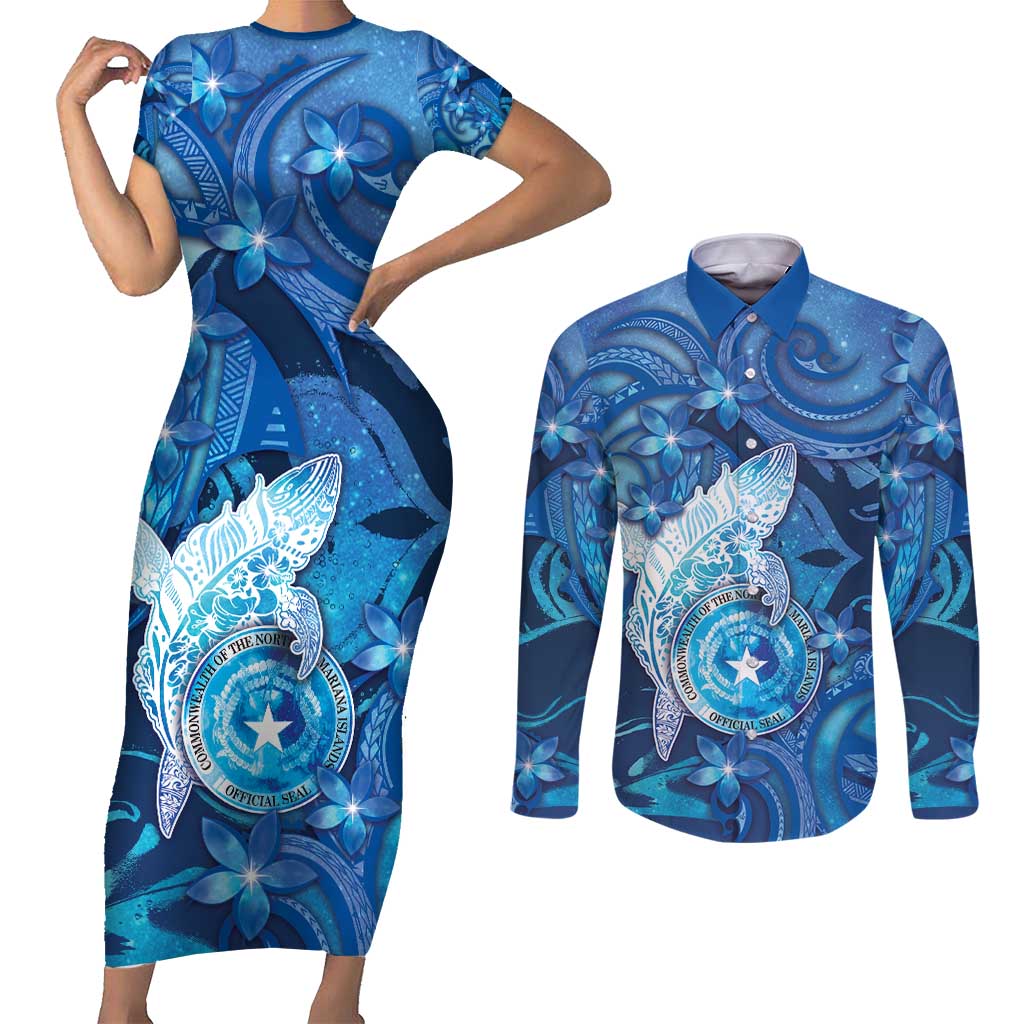 Personalised Northern Mariana Islands Couples Matching Short Sleeve Bodycon Dress and Long Sleeve Button Shirt Galaxy Polynesian Shark Tattoo DT05 Blue - Polynesian Pride