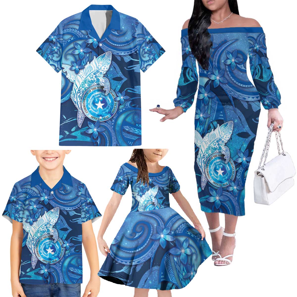 Personalised Northern Mariana Islands Family Matching Off The Shoulder Long Sleeve Dress and Hawaiian Shirt Galaxy Polynesian Shark Tattoo - Polynesian Pride