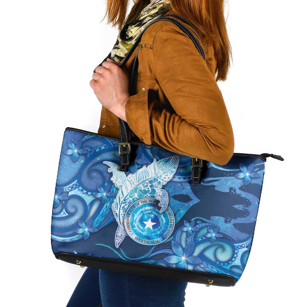 Northern Mariana Islands Leather Tote Bag Galaxy Polynesian Shark Tattoo - Polynesian Pride