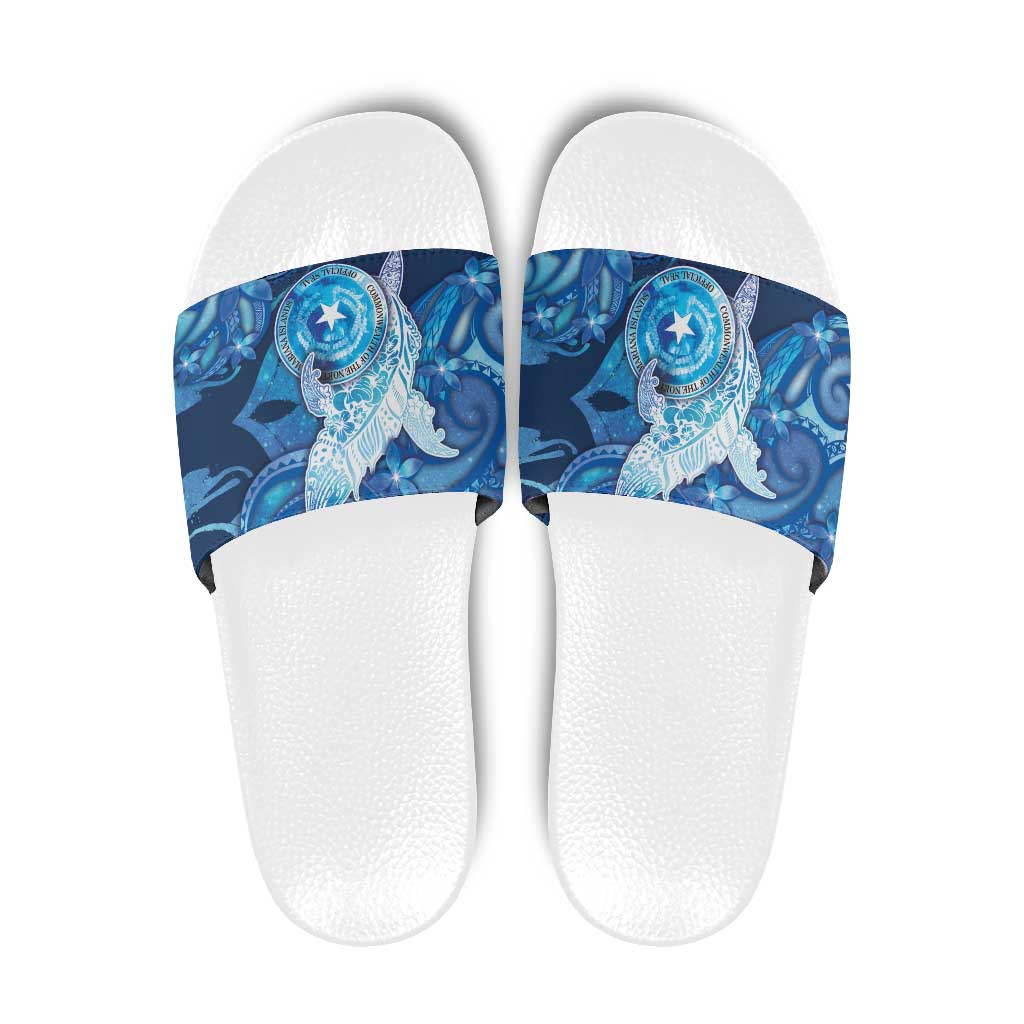 Northern Mariana Islands Slide Sandals Galaxy Polynesian Shark Tattoo DT05 Blue - Polynesian Pride