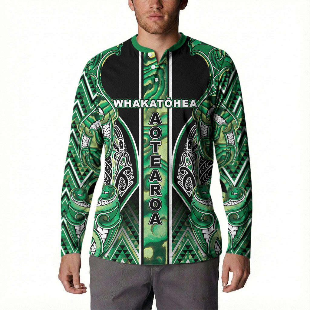 Aotearoa Whakatohea Button Sweatshirt Maori Tribal Green Abalone Paua Shell Pattern DT05 - Polynesian Pride