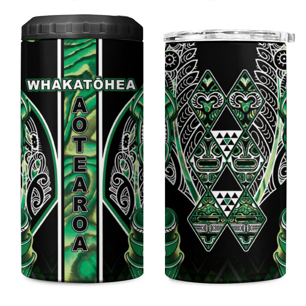 Aotearoa Whakatohea 4 in 1 Can Cooler Tumbler Maori Tribal Green Abalone Paua Shell Pattern