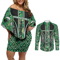 Aotearoa Whakatohea Couples Matching Off Shoulder Short Dress and Long Sleeve Button Shirt Maori Tribal Green Abalone Paua Shell Pattern DT05 Green - Polynesian Pride