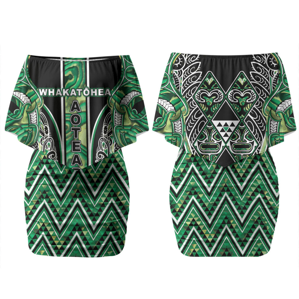 Aotearoa Whakatohea Couples Matching Off Shoulder Short Dress and Long Sleeve Button Shirt Maori Tribal Green Abalone Paua Shell Pattern DT05 - Polynesian Pride