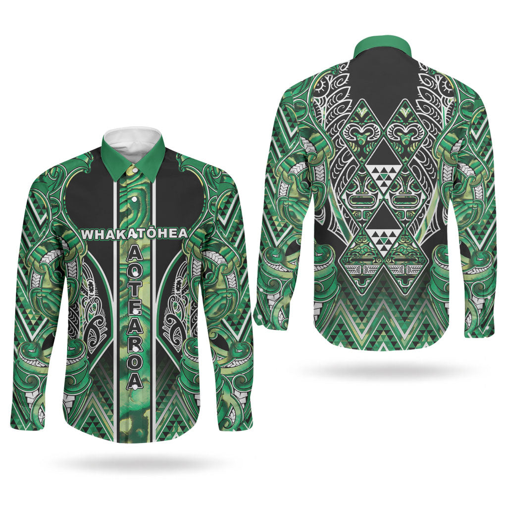 Aotearoa Whakatohea Couples Matching Tank Maxi Dress and Long Sleeve Button Shirt Maori Tribal Green Abalone Paua Shell Pattern DT05 - Polynesian Pride