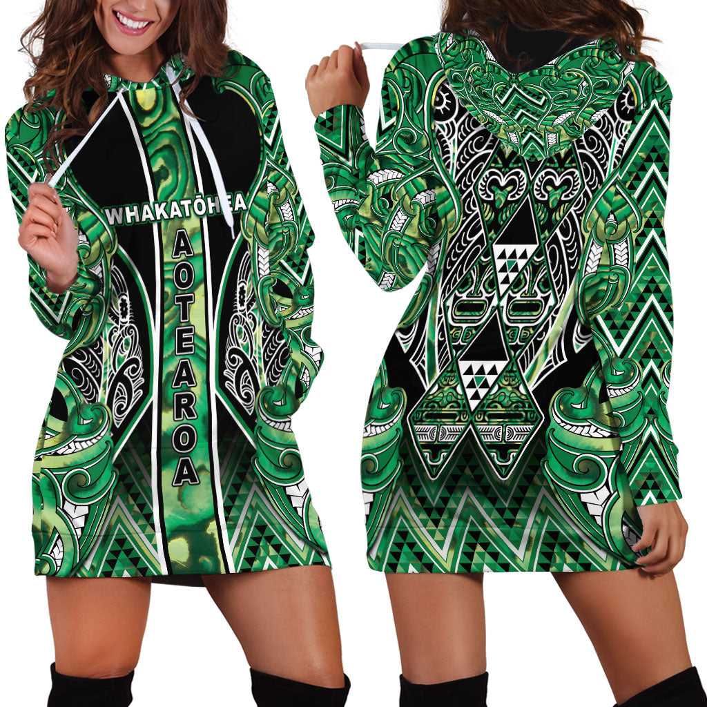 Aotearoa Whakatohea Hoodie Dress Maori Tribal Green Abalone Paua Shell Pattern DT05 - Polynesian Pride