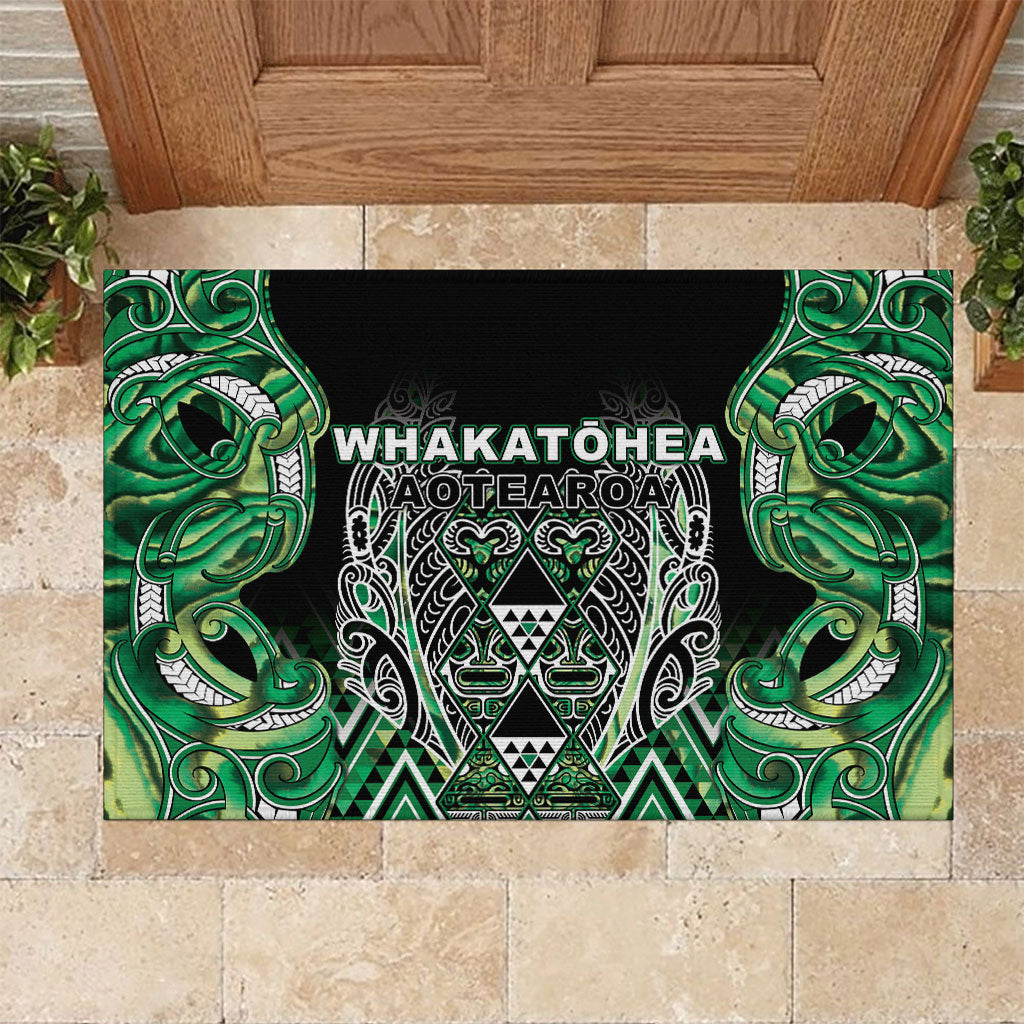 Aotearoa Whakatohea Rubber Doormat Maori Tribal Green Abalone Paua Shell Pattern