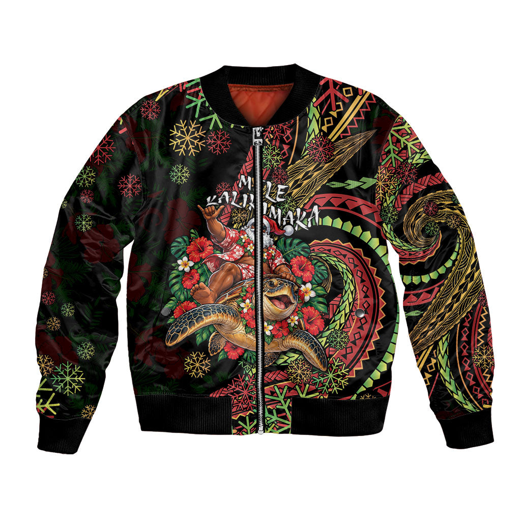 Hawaii Christmas Bomber Jacket Aloha Santa Riding Honu DT05 Unisex Black - Polynesian Pride