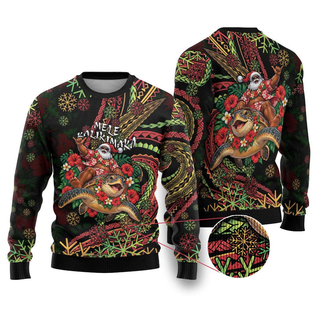 Hawaii Christmas Ugly Christmas Sweater Aloha Santa Riding Honu DT05 Black - Polynesian Pride