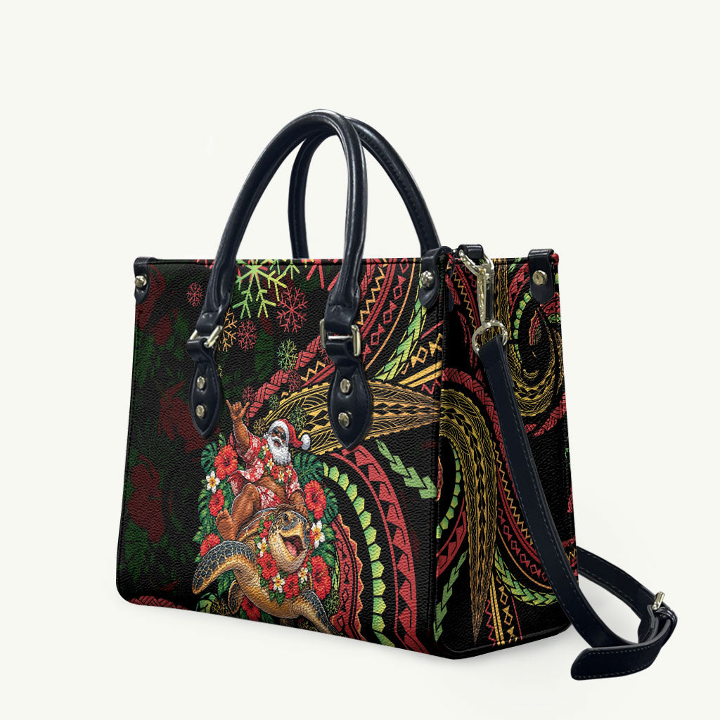 Hawaii Christmas Leather Bag Aloha Santa Riding Honu DT05 Black - Polynesian Pride