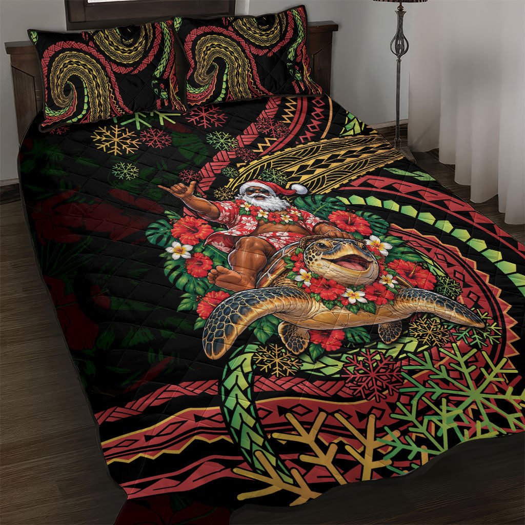 Hawaii Christmas Quilt Bed Set Aloha Santa Riding Honu DT05 Black - Polynesian Pride