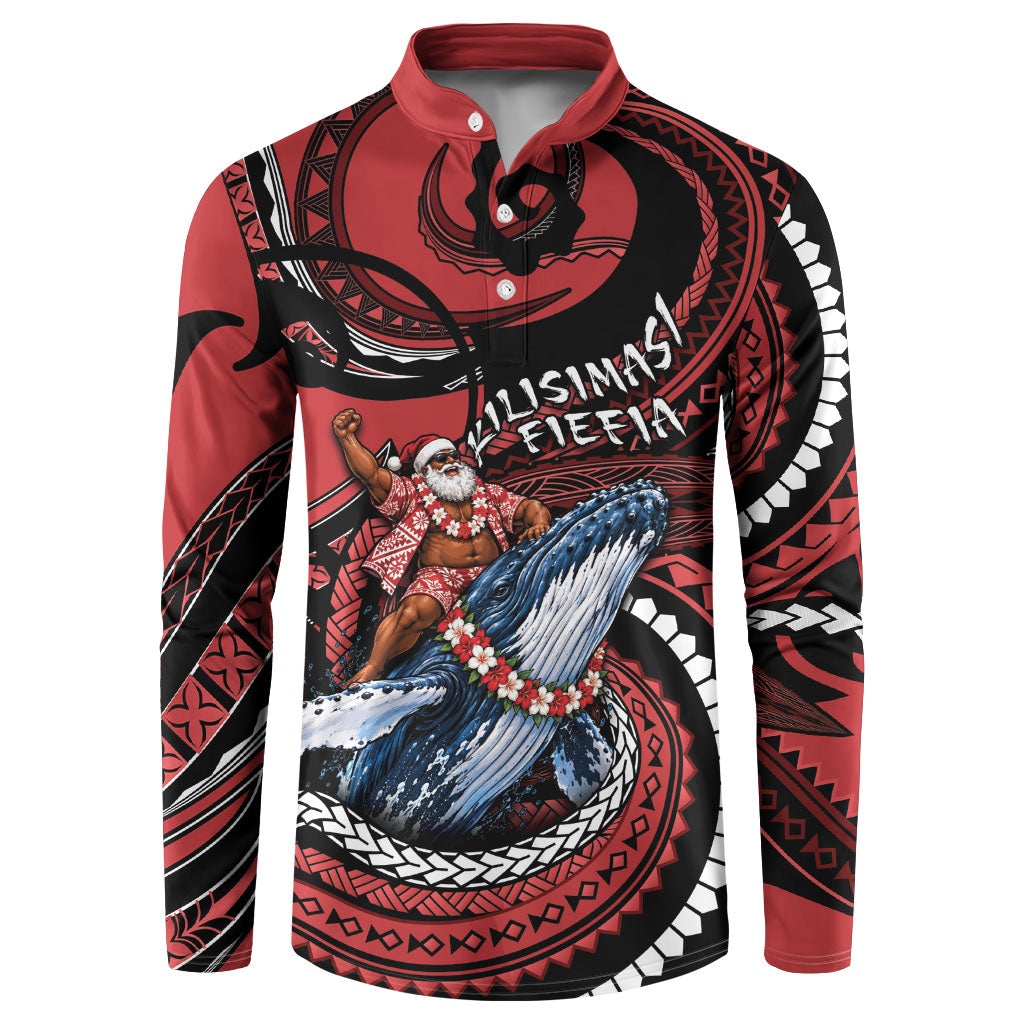 Tonga Christmas Button Sweatshirt Santa Riding Humpback Whale DT05 Red - Polynesian Pride
